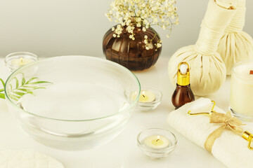 Beauty salon life stile with cosmetology products, spa accessories and candles. Spa relax...
