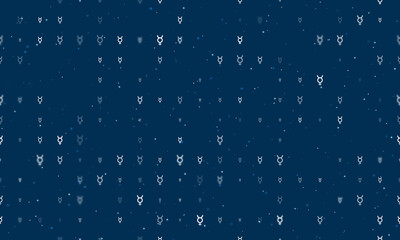 Seamless background pattern of evenly spaced white astrological mercury symbols of different sizes and opacity. Vector illustration on dark blue background with stars