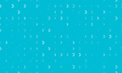 Seamless background pattern of evenly spaced white moon astrological symbols of different sizes and opacity. Vector illustration on cyan background with stars