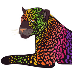 vector illustration of jaguar with colorful spots on a white background © Marta