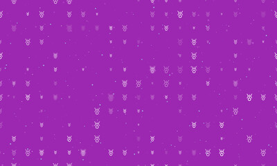 Seamless background pattern of evenly spaced white astrological uranus symbols of different sizes and opacity. Vector illustration on purple background with stars