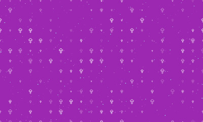 Seamless background pattern of evenly spaced white astrological pluto symbols of different sizes and opacity. Vector illustration on purple background with stars