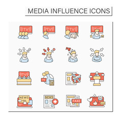 Media influence color icons set. Positive and negative media influence. Social awareness, actual information.Isolated vector illustrations