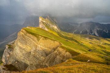 Odles group under the clouds. Seceda area. Dolomites.
