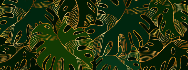 Banner filled with contoured hand-drawn golden monstera leaves. Luxurious floral green and gold background. Vector illustration © Mariia