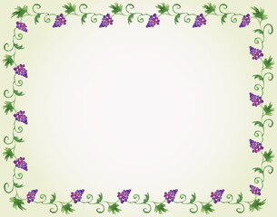 Decorative border from watercolor drawings of vine branches with ripe grape berries