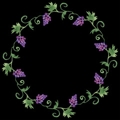 Decorative wreath from watercolor drawings of vine branches with ripe grape berries