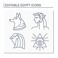 Obraz premium Egypt line icons set. Egyptian culture.Anubis, Cleopatra, Horus and Illuminati. Traveling concept. Isolated vector illustrations. Editable stroke