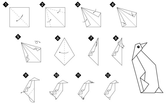 How to make origami penguin bird. Step by step instructions. Monochrome black and white vector simple DIY illustration.