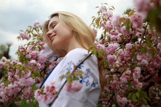 Portrait of young blonde woman in garden enjoying by blooming sakura trees.