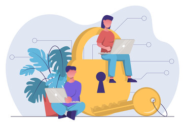 Cyber security. People with laptops work next to the lock and key.