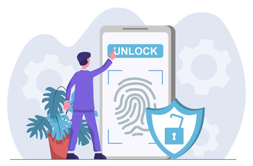 Cyber security. Businessman unlocks the phone with fingerprint