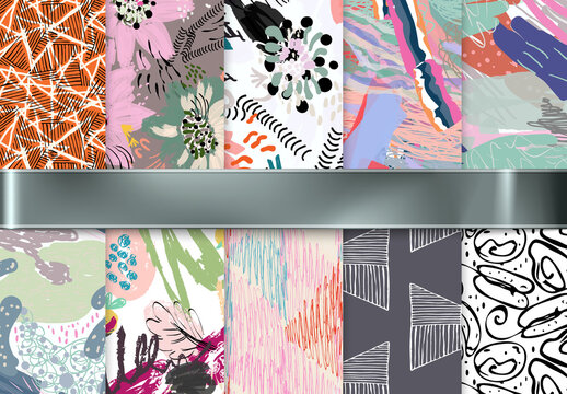 Seamless Pattern Collection with Hand Drawn Rough Abstract Strokes and Floral Elements