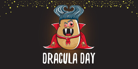 26 may world dracula day greeting horizontal banner with vector funny cartoon cute dracula potato with fangs and red cape isolated on dark background. vampire monster vegetable funky character