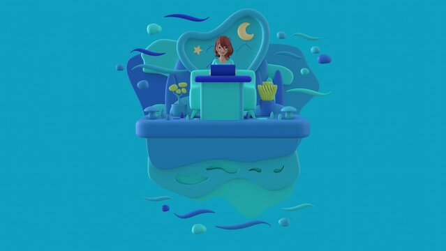 Concept woman working. Brunette girl with laptop at the table sits on sofa late at night. Abstract concept art lazy sedentary young freelancer working from home with plants. Blue background. 3d render