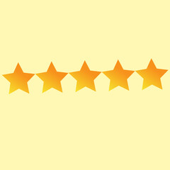 Fototapeta premium Bright icon of quality rating with five golden yellow stars. Evaluation of goods, write reviews of shipping, hotels, shops. Vector illustration. Flat.