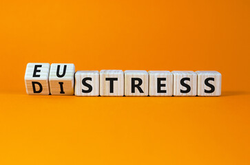 Eustress or distress symbol. Turned wooden cubes and changed the concept word Eustress to Distress....