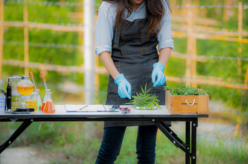 Biotech chemist working in a greenhouse lab results in experimental results on the extraction of...