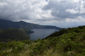 Fototapeta na wymiar Laguna Cuicocha, beautiful blue lagoon with islands inside the crater of the Cotacachi volcano