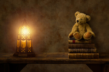 Wooden shelf with lantern - 504227769