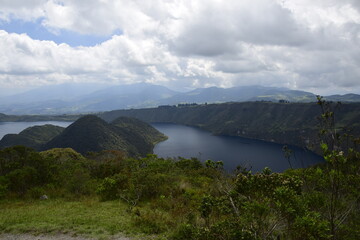 Laguna Cuicocha, beautiful blue lagoon with islands inside the crater of the Cotacachi volcano