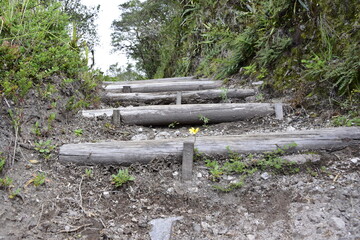 Fototapeta na wymiar wooden steps on the path around Laguna Cuicocha, lagoon with islands inside the crater of the Cotacachi volcano.
