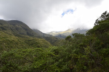 mountains around Laguna Cuicocha, lagoon with islands inside the crater of the Cotacachi volcano