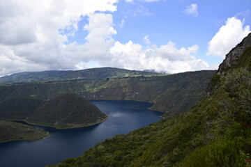 Laguna Cuicocha, beautiful blue lagoon with islands inside the crater of the Cotacachi volcano