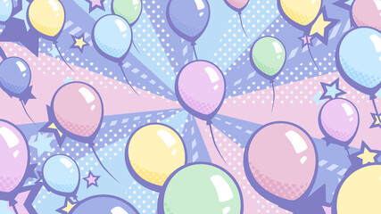アメコミ風のバルーンリリースの背景_風船飛ばしのイラスト_16:9 © ふわぷか