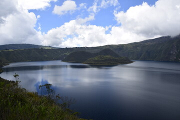 Obraz na płótnie Canvas Laguna Cuicocha, beautiful blue lagoon with islands inside the crater of the Cotacachi volcano