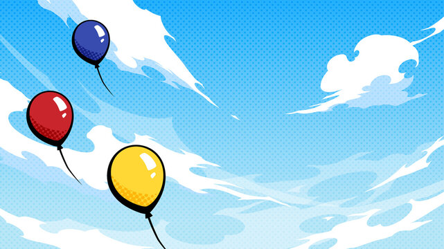 かっこいい雲と空ひ浮かぶ風船の背景イラスト_アメコミ風_16:9