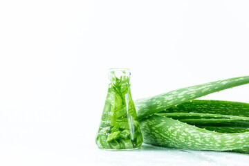 Aloe vera leaves and science experiment flasks,bottle of aloe vera and extract on white background...