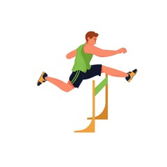 Vector flat cartoon man character runs,jumping over barrier isolated on empty background.Young athlete doing sports,hurdling-healthy lifestyle,professional sport concept,web site banner ad design