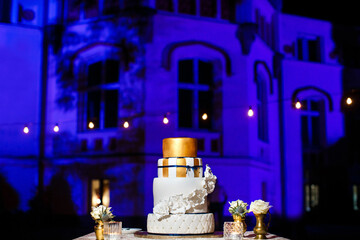 Multi level wedding cake with white flowers