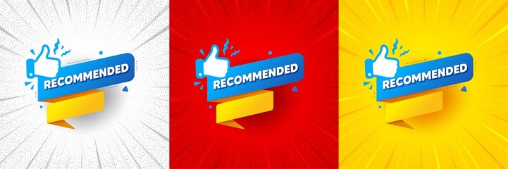 Recommended paper banner. Flash offer banner, coupon or poster. Best deal tag. Bubble with thumbs up icon. Recommended banner promo banner. Retail marketing flyer. Starburst pop art. Vector