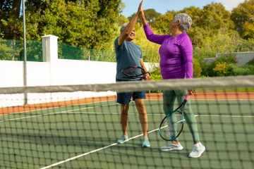 Foto op Canvas Cheerful biracial senior couple holding rackets giving high-five in tennis court against trees © WavebreakMediaMicro