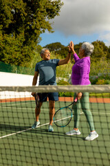 Happy biracial senior couple holding rackets giving high-five in tennis court against cloudy sky © wavebreak3