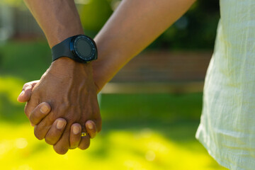 Cropped image of biracial senior man wearing wristwatch holding senior wife's hand in park - Powered by Adobe