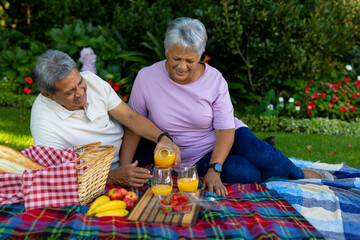 Biracial senior man pouring juice in glass while enjoying picnic with wife against plants in park