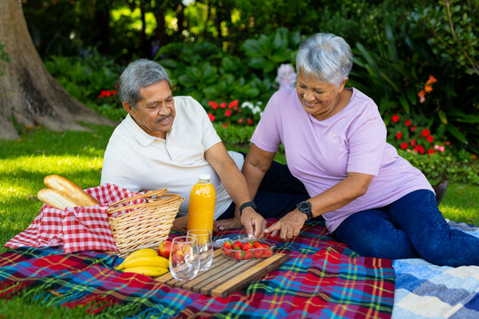 Biracial smiling senior couple with juice on blanket eating strawberries while sitting in park