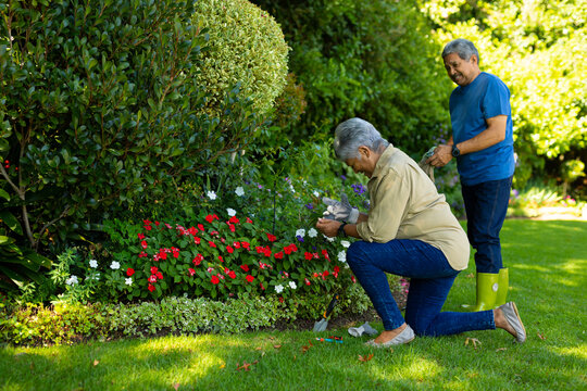 Biracial senior woman with husband wearing gloves while gardening flowers and plants in yard