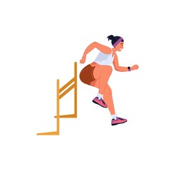 Vector flat cartoon woman character runs,jumping over barrier isolated on empty background.Young athlete doing sports,hurdling-healthy lifestyle,professional sport concept,web site banner ad design