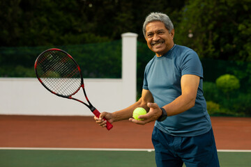 Portrait of smiling biracial senior man holding tennis ball and racket while playing tennis at court