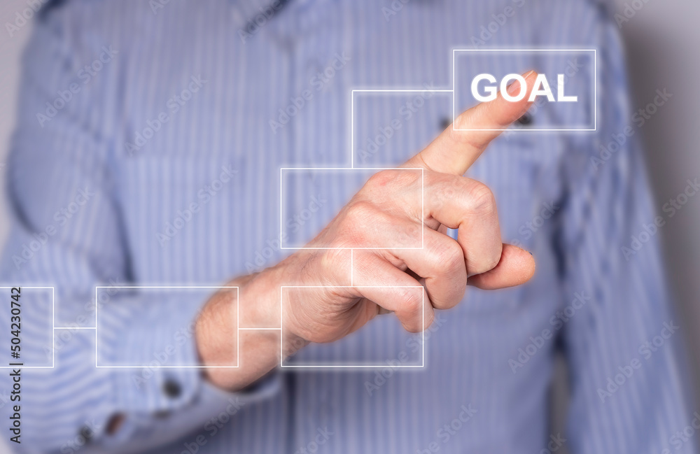 Poster Businessman hand drawing digital scheme, flowchart. Screen showing algorithm with virtual blocks of working process and goal. Man forefinger pointing to objective. High quality photo