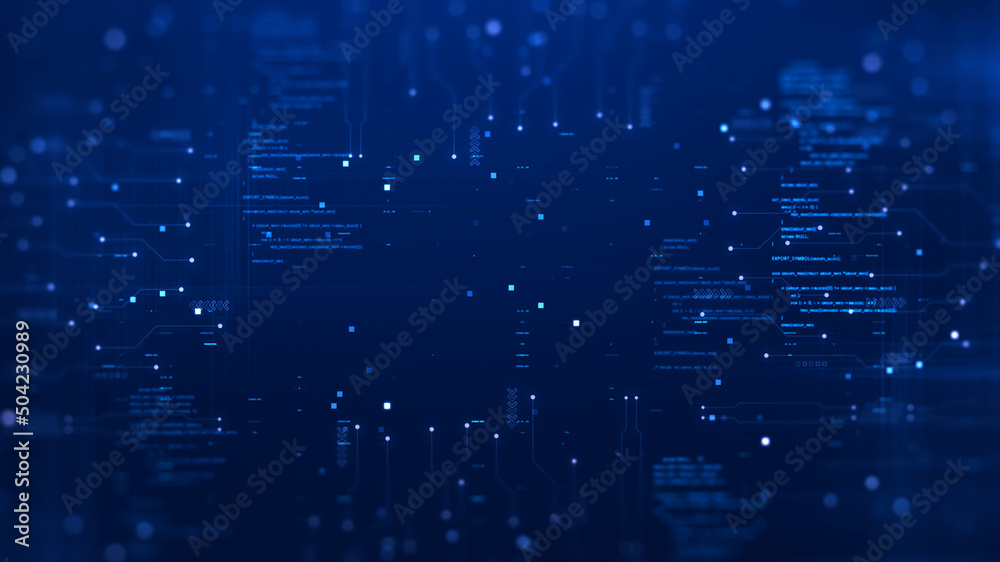 Poster Cybersecurity data protection digital technology background has small fractal binary code with dark blue background.
