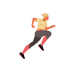Fototapeta na wymiar Vector flat cartoon woman character runs isolated on empty background.Stylish young athlete doing sports,running-life scene,healthy sporty lifestyle social concept,web site banner ad design