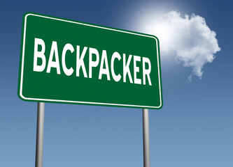 Backpacker text on sign.
