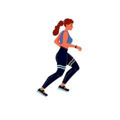 Vector flat cartoon woman character runs isolated on empty background.Stylish young athlete doing sports,running-life scene,healthy sporty lifestyle social concept,web site banner ad design