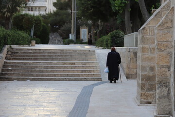 person walking down stairs