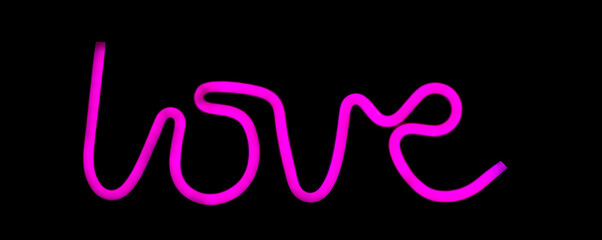 Obraz premium Beautiful neon inscription love in purple on a black background. Photo of a glowing inscription love.